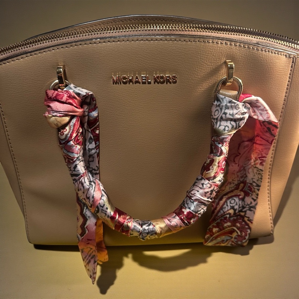 Michael Kors Beige Satchel with Red and Pink Scarf